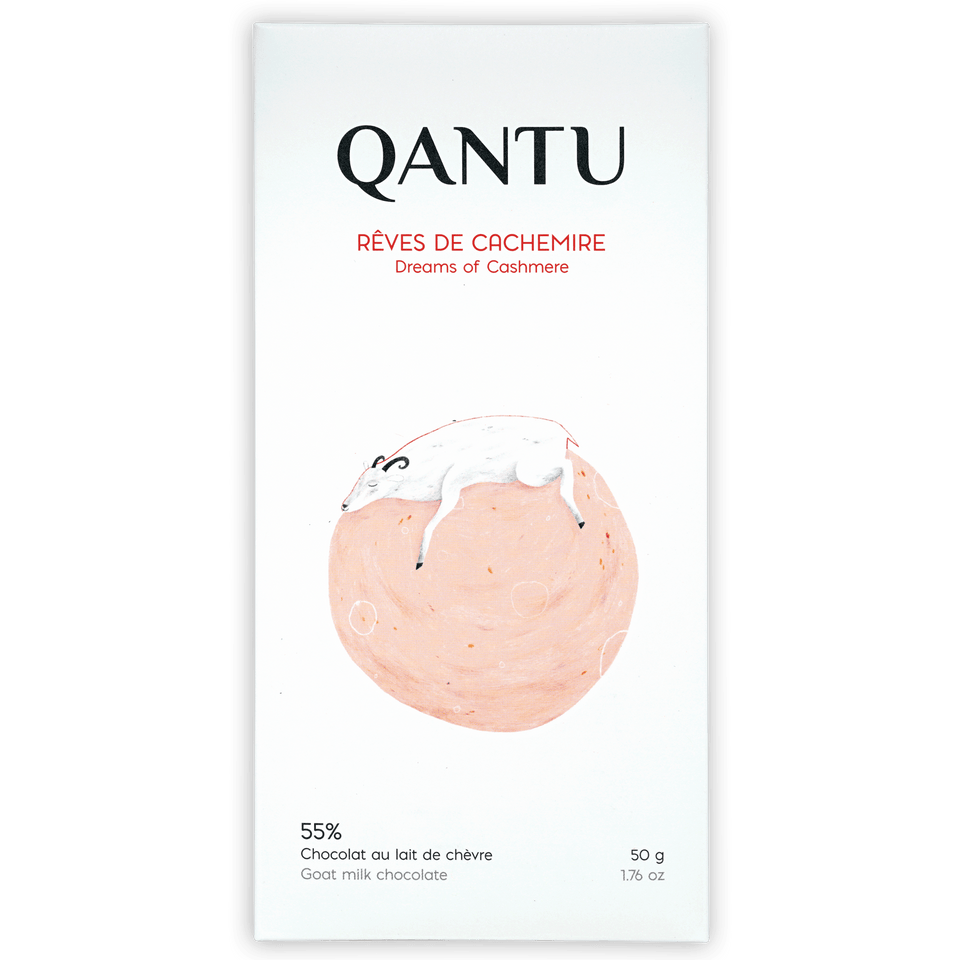 Qantu Dreams of Cashmere 55% goat milk chocolate bar in minimalist white wrapper with illustrated sheep on pink circle