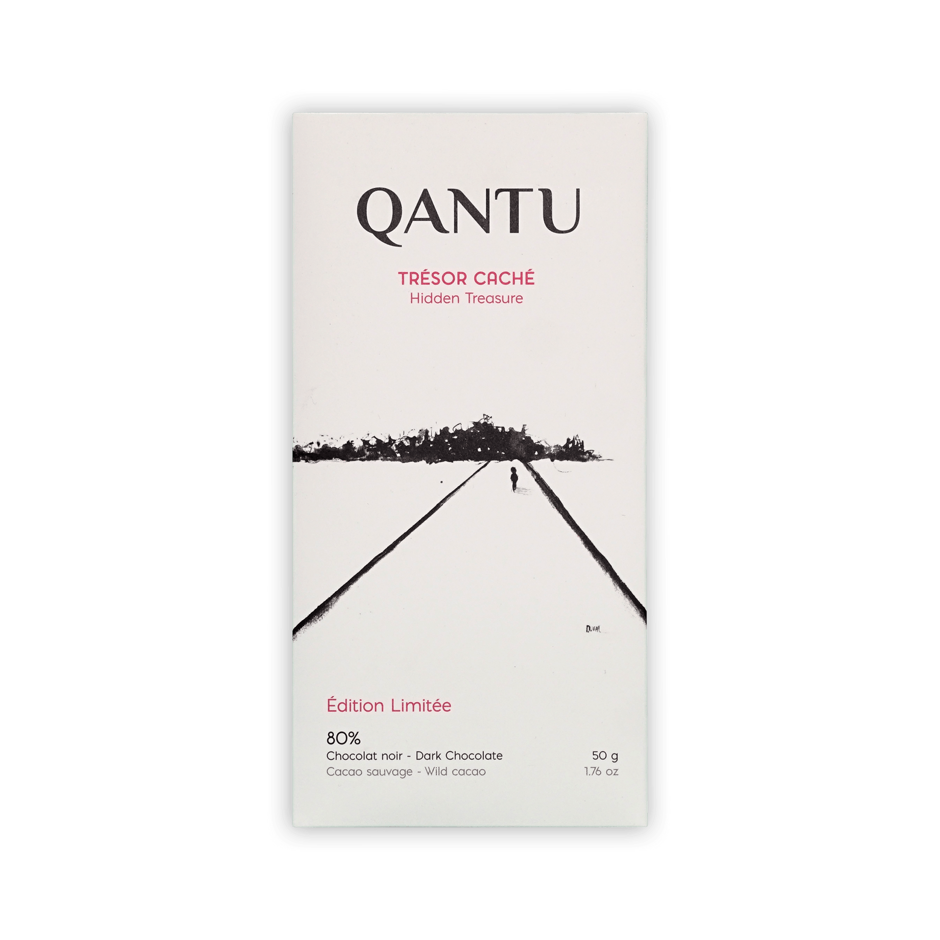 Qantu Tresor Cache Hidden Treasure box, white with a black road illustration, Edition Limitee 80% dark chocolate, 50g