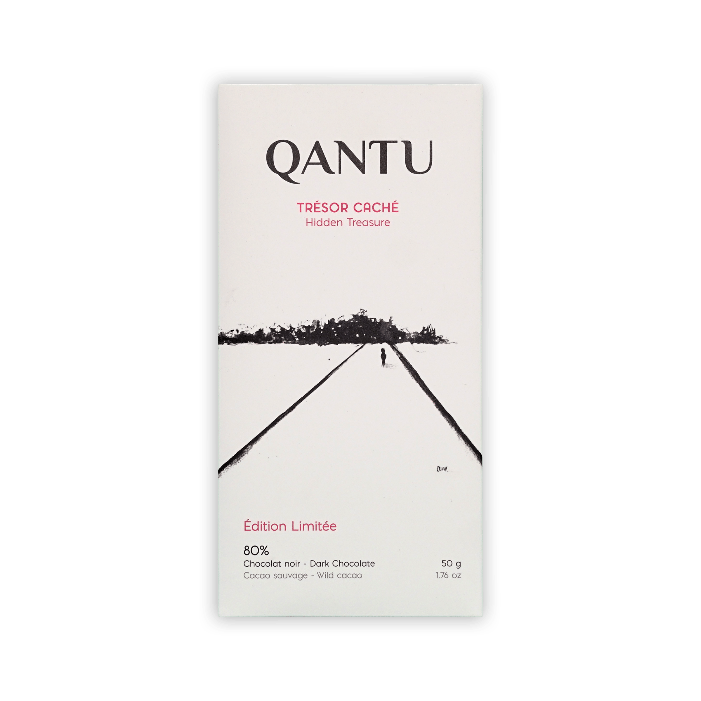 Qantu Tresor Cache Hidden Treasure box, white with a black road illustration, Edition Limitee 80% dark chocolate, 50g