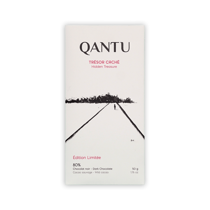 Qantu Tresor Cache Hidden Treasure box, white with a black road illustration, Edition Limitee 80% dark chocolate, 50g