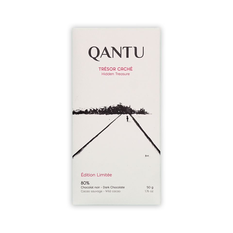 Qantu Tresor Cache Hidden Treasure box, white with a black road illustration, Edition Limitee 80% dark chocolate, 50g