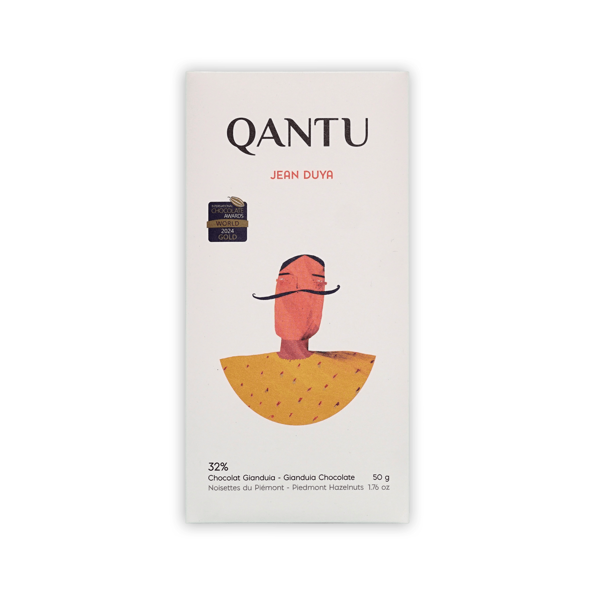Qantu Jean Duya 32% Gianduia bar, cream box with an illustrated mustached figure in a yellow cape, 50g