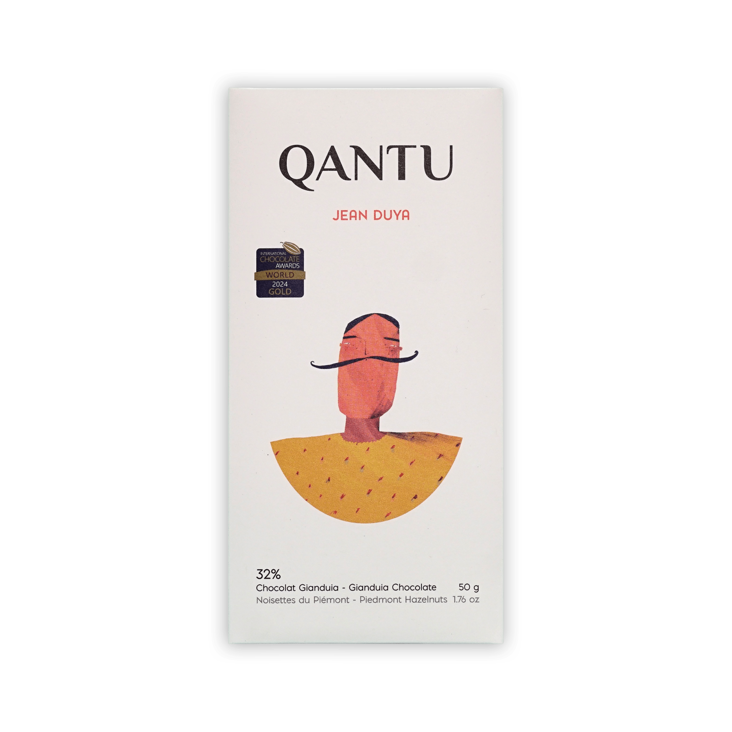 Qantu Jean Duya 32% Gianduia bar, cream box with an illustrated mustached figure in a yellow cape, 50g