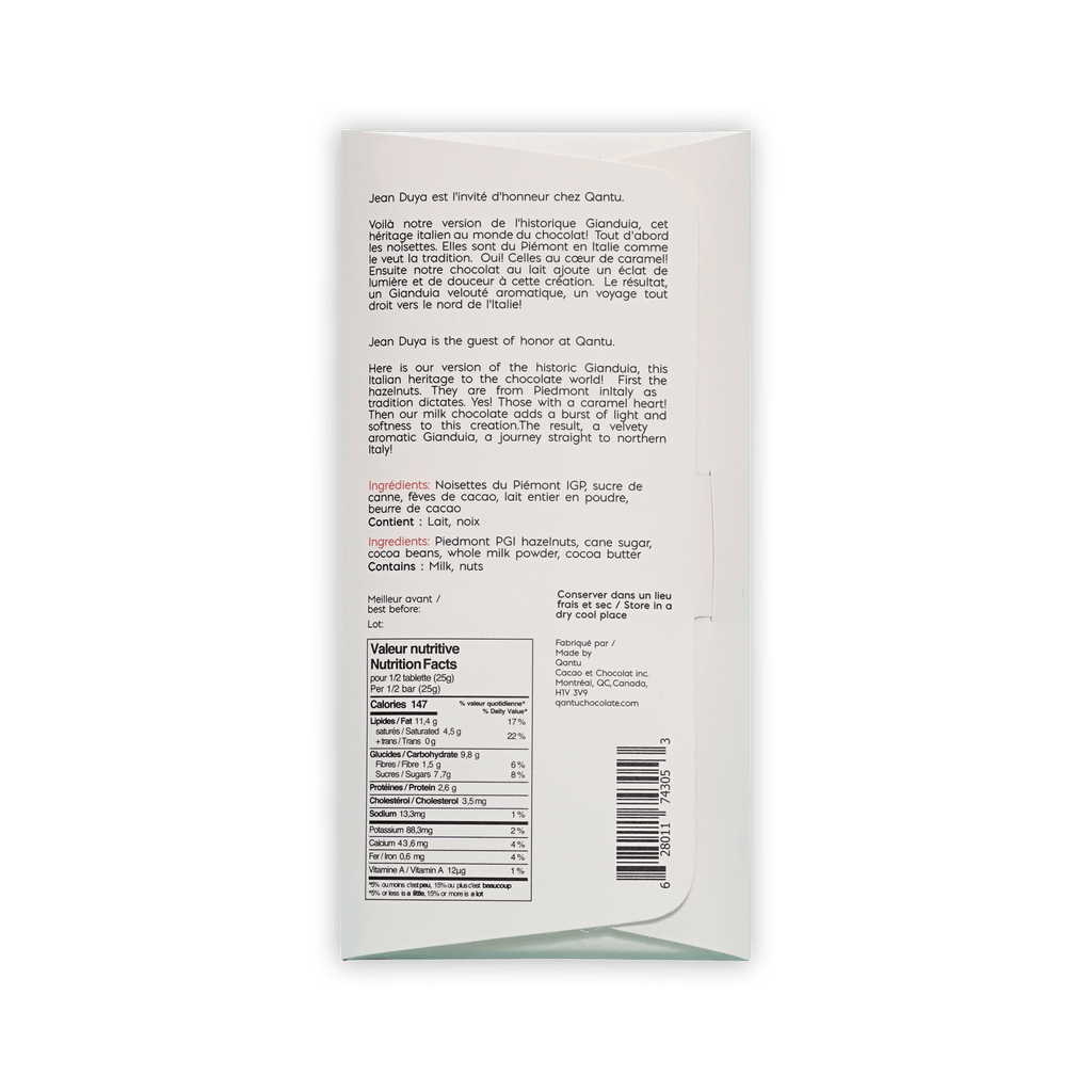 Back of Qantu Jean Duya Gianduia box, French and English text, Piedmont hazelnut ingredients and nutrition facts