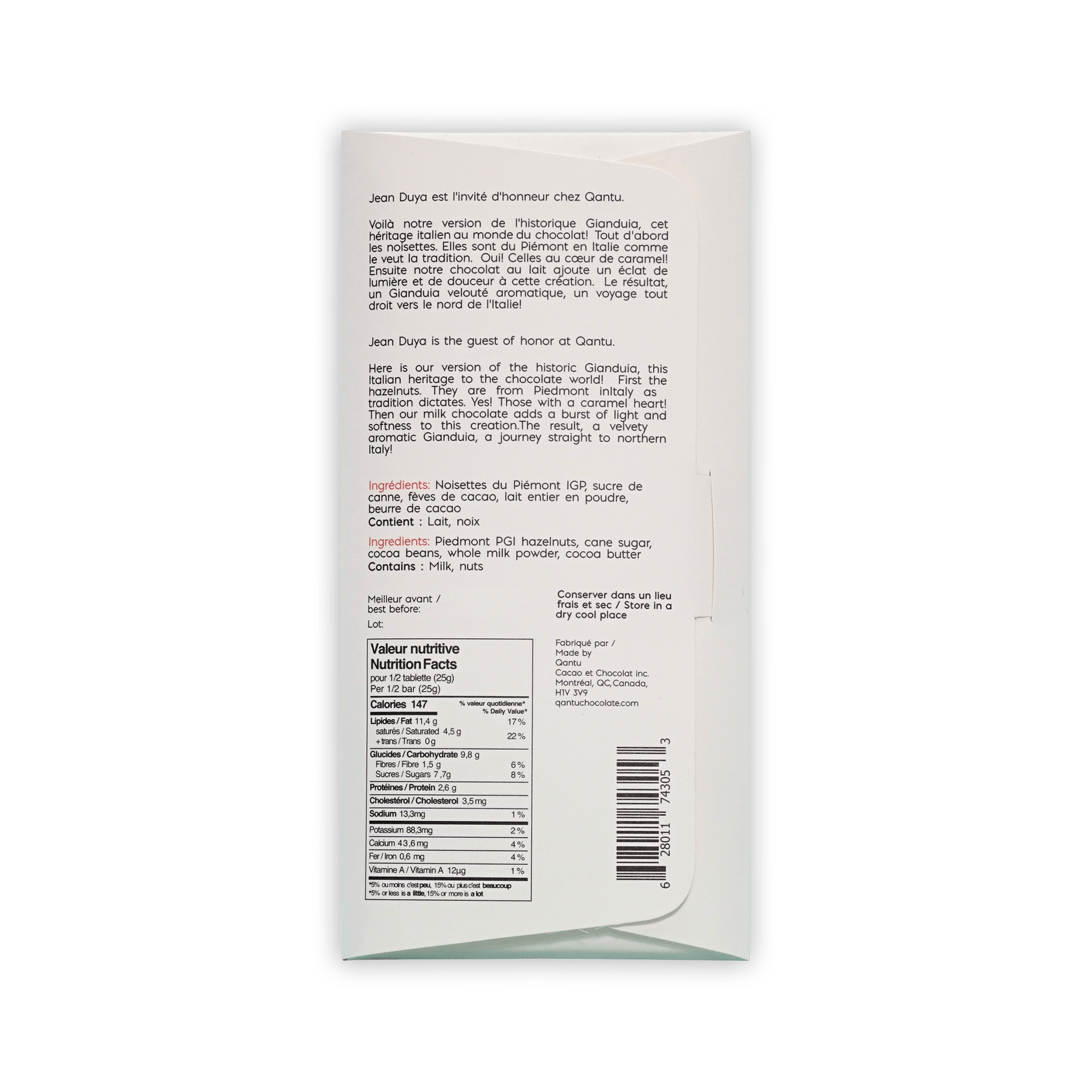 Back of Qantu Jean Duya Gianduia box, French and English text, Piedmont hazelnut ingredients and nutrition facts