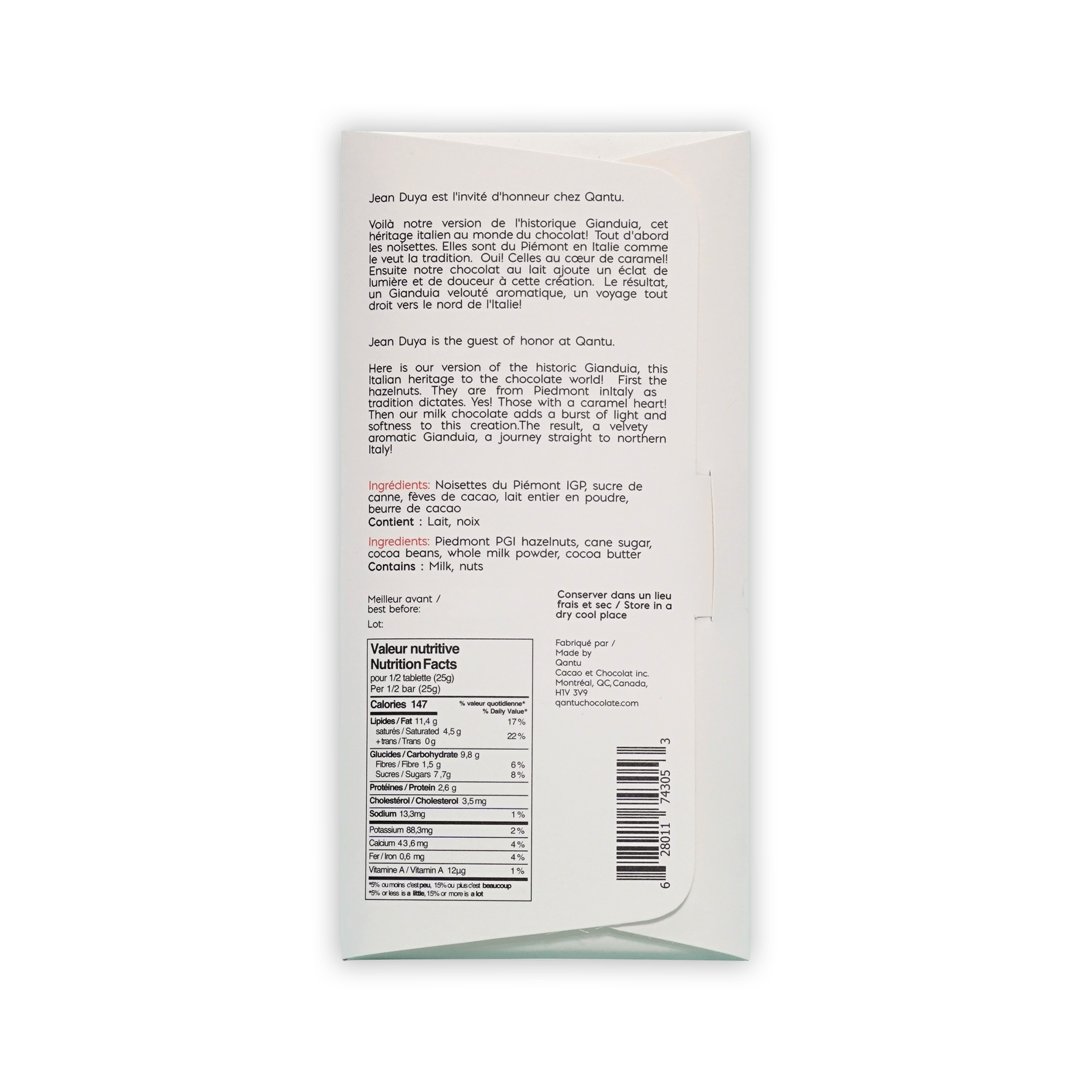 Back of Qantu Jean Duya Gianduia box, French and English text, Piedmont hazelnut ingredients and nutrition facts