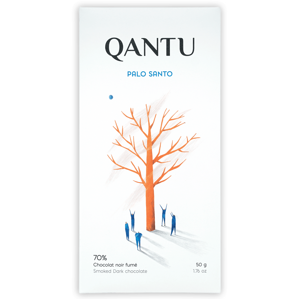 Qantu Palo Santo 70% smoked dark chocolate bar in white wrapper