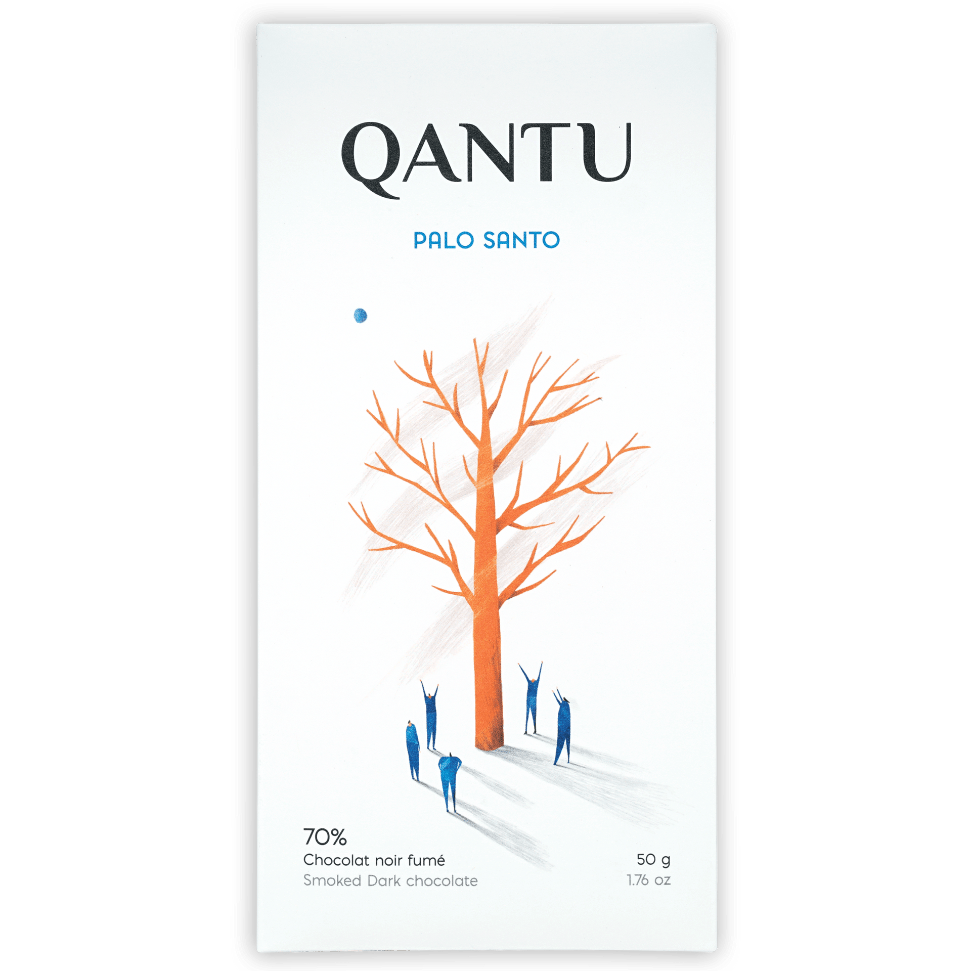 Qantu Palo Santo 70% smoked dark chocolate bar in white wrapper