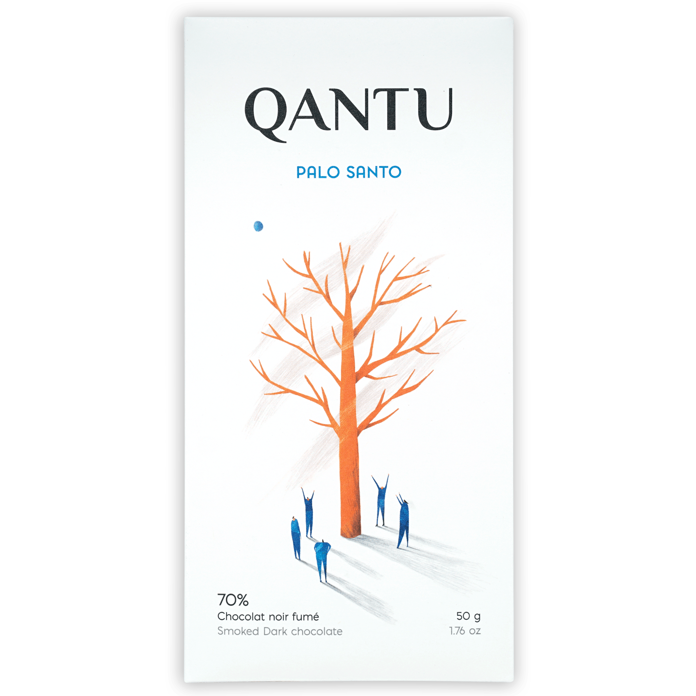 Qantu Palo Santo 70% smoked dark chocolate bar in white wrapper