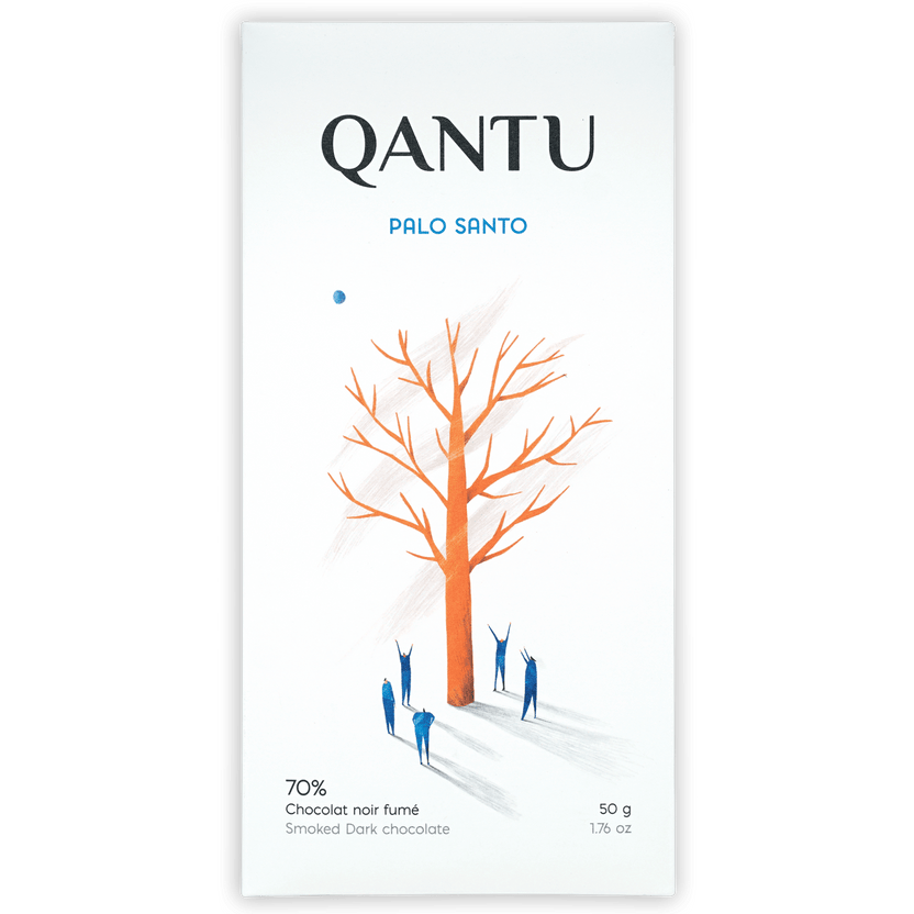 Qantu Palo Santo 70% smoked dark chocolate bar in white wrapper