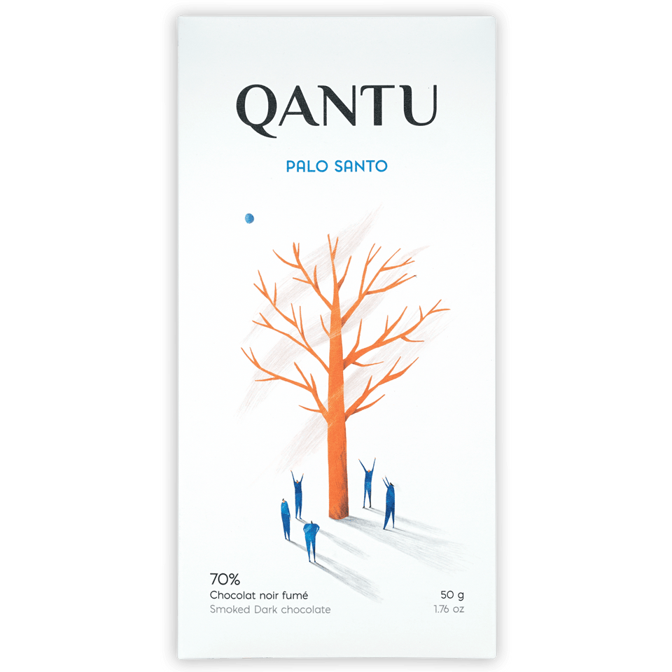 Qantu Palo Santo 70% smoked dark chocolate bar in white wrapper