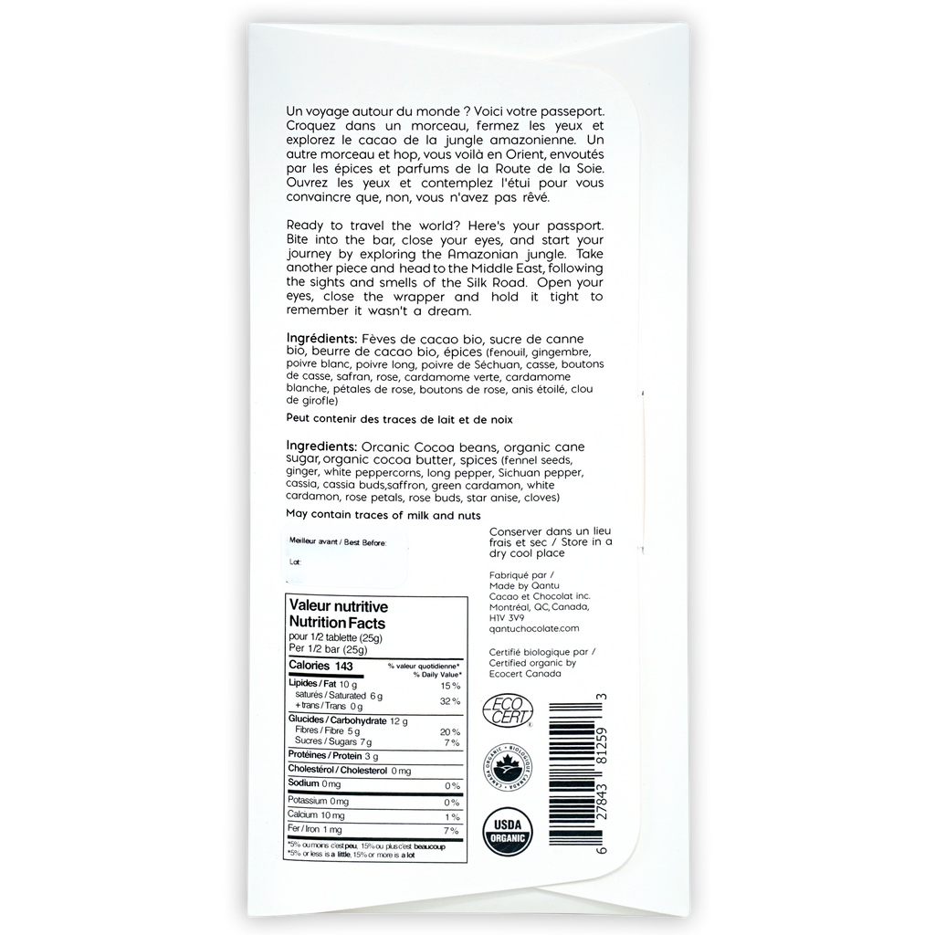 Qantu Silk Road 70% dark chocolate with spices white wrapper