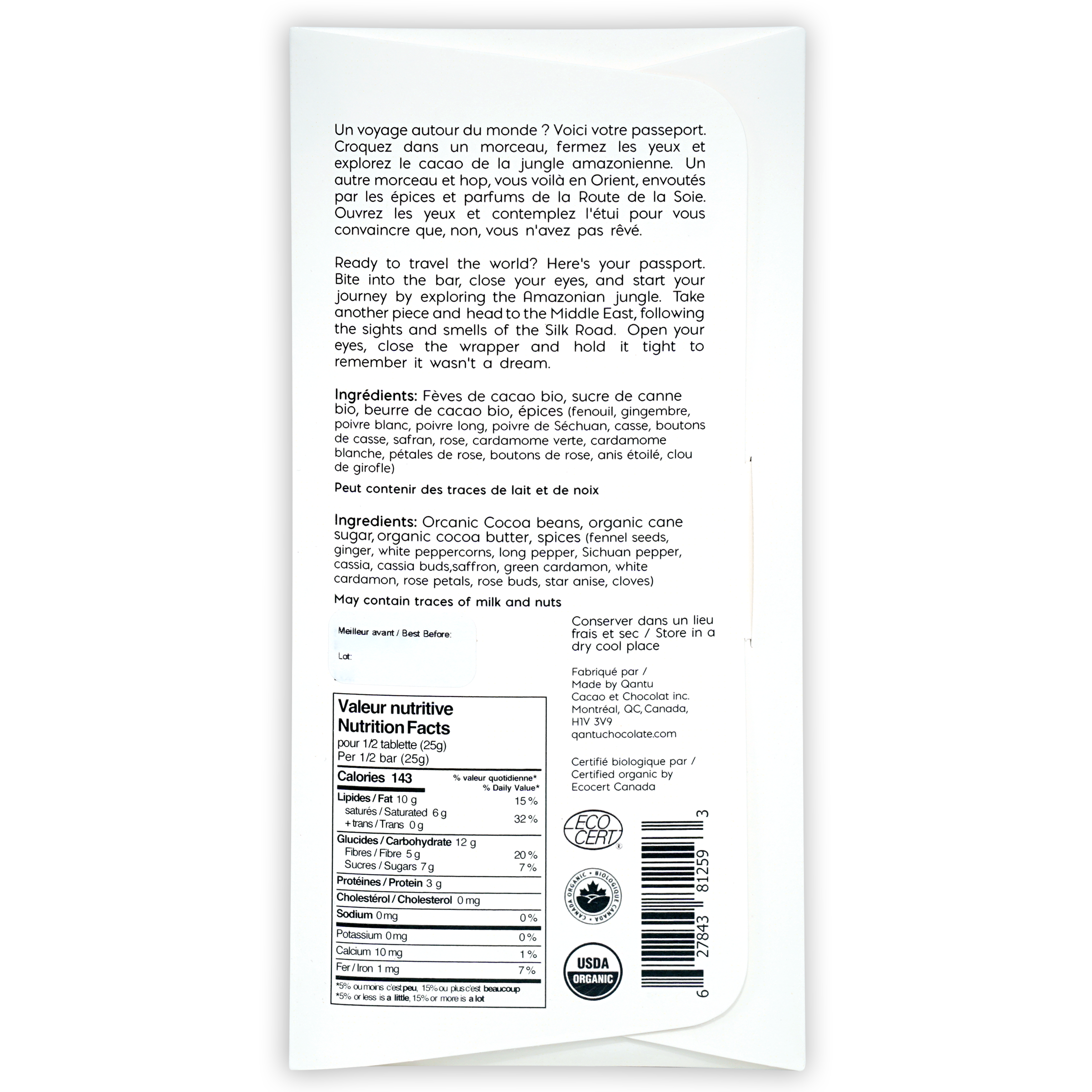 Qantu Silk Road 70% dark chocolate with spices white wrapper
