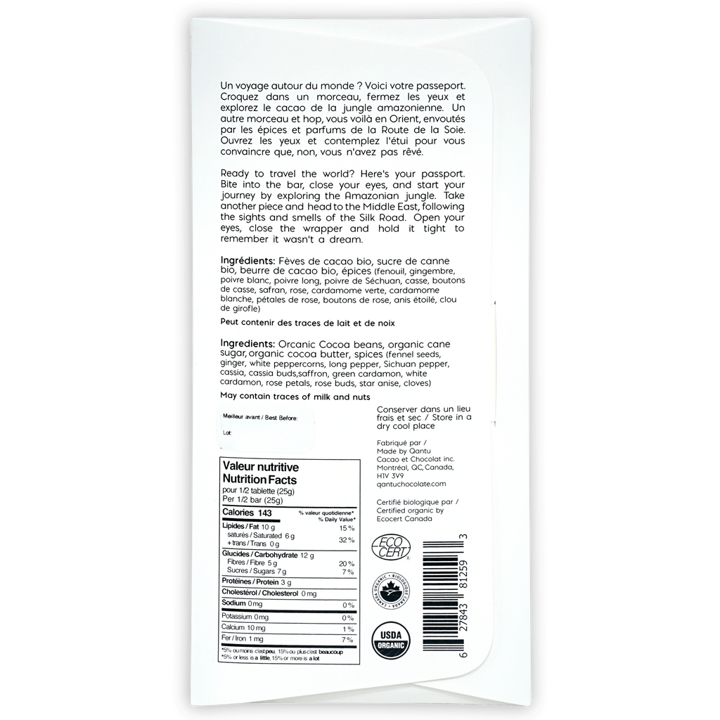 Qantu Silk Road 70% dark chocolate with spices white wrapper