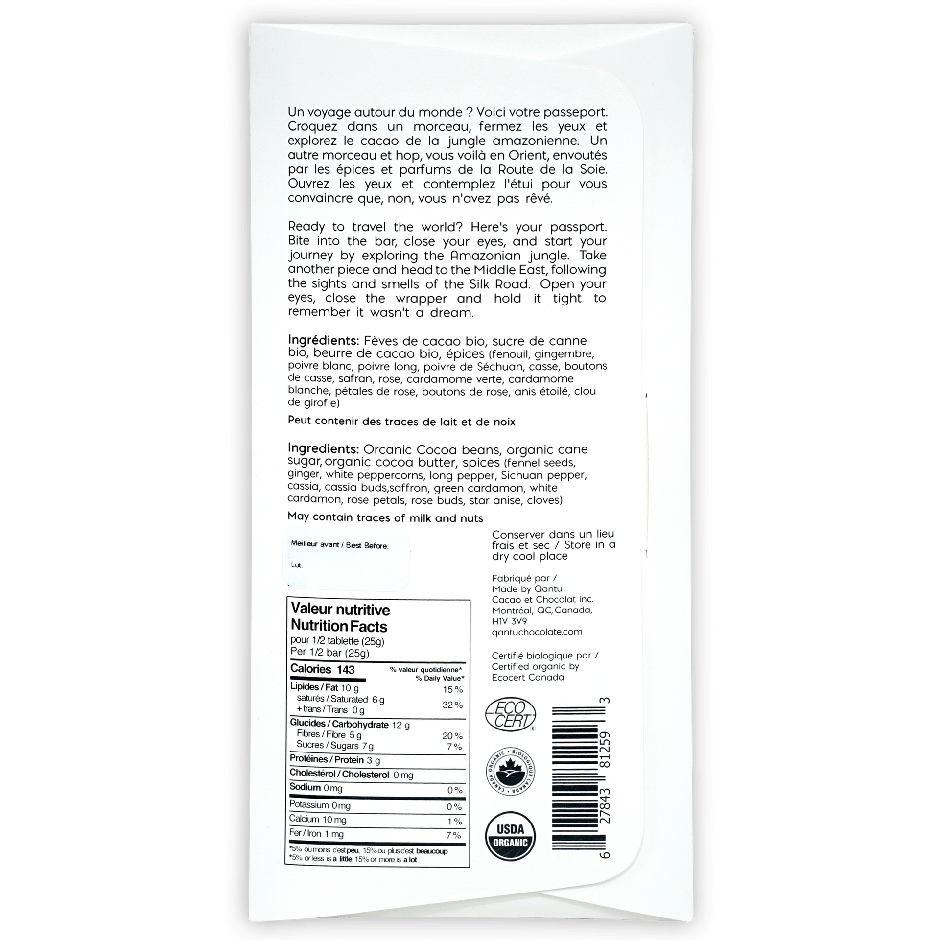 Qantu Silk Road 70% dark chocolate with spices white wrapper