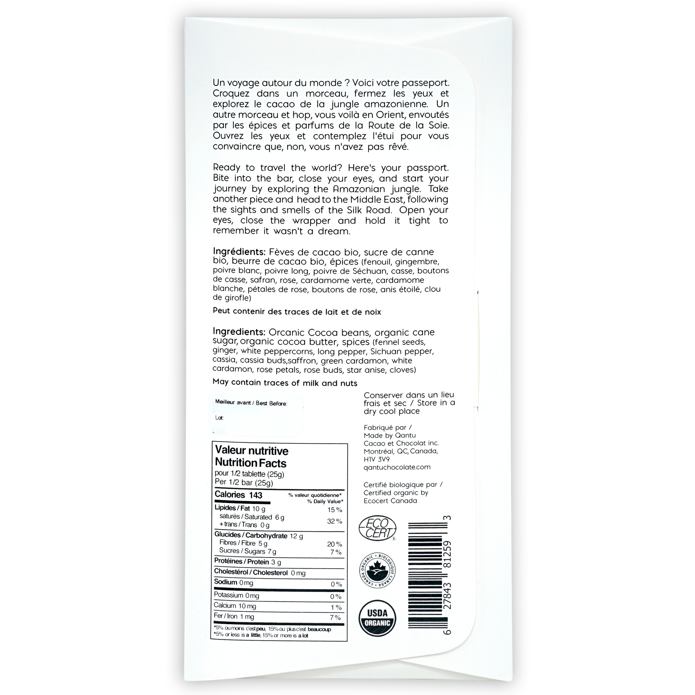 Qantu Silk Road 70% dark chocolate with spices white wrapper