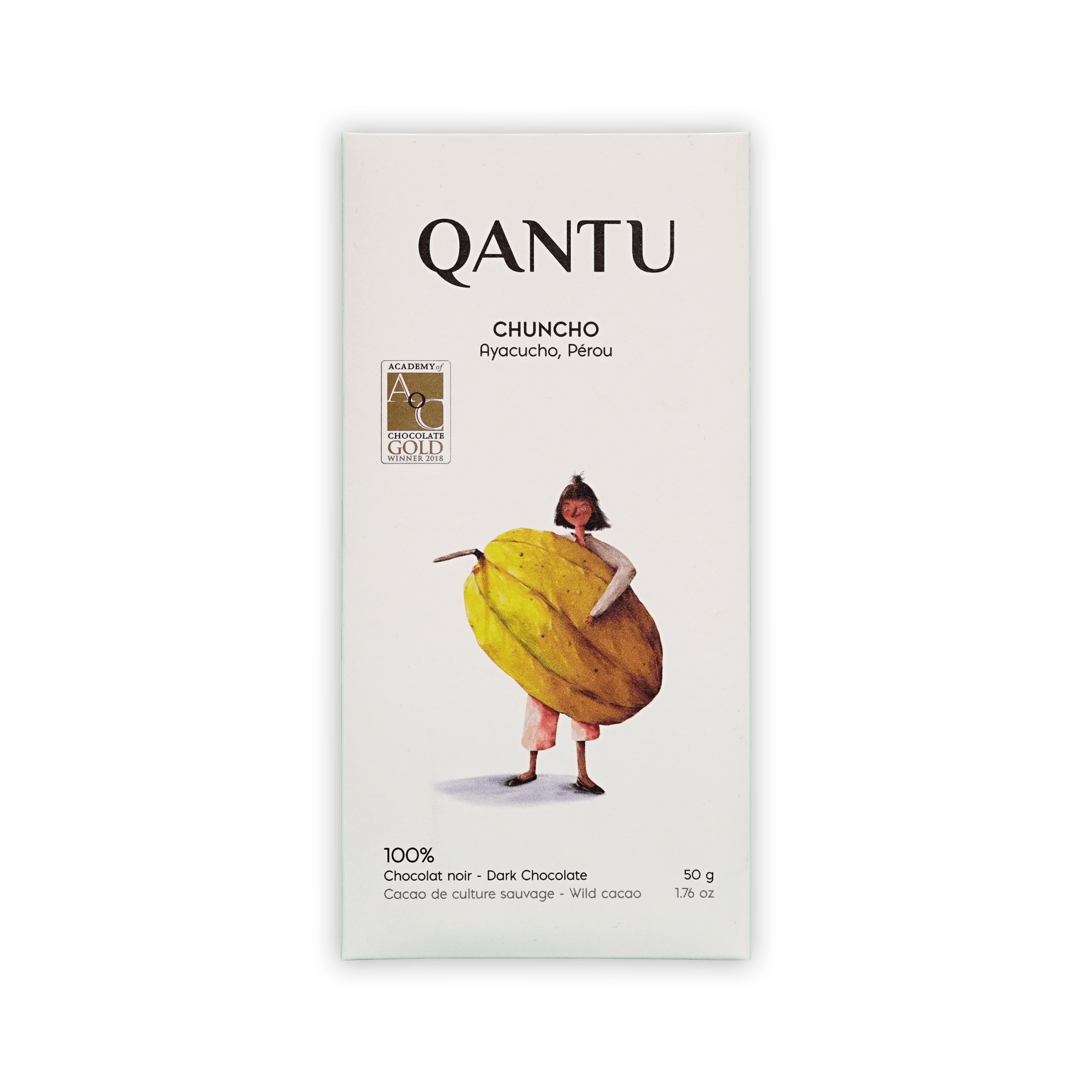 Qantu Chuncho bar, white box with an illustration of a person holding a large yellow cacao pod, reading 100% Dark Chocolate, 50 g.