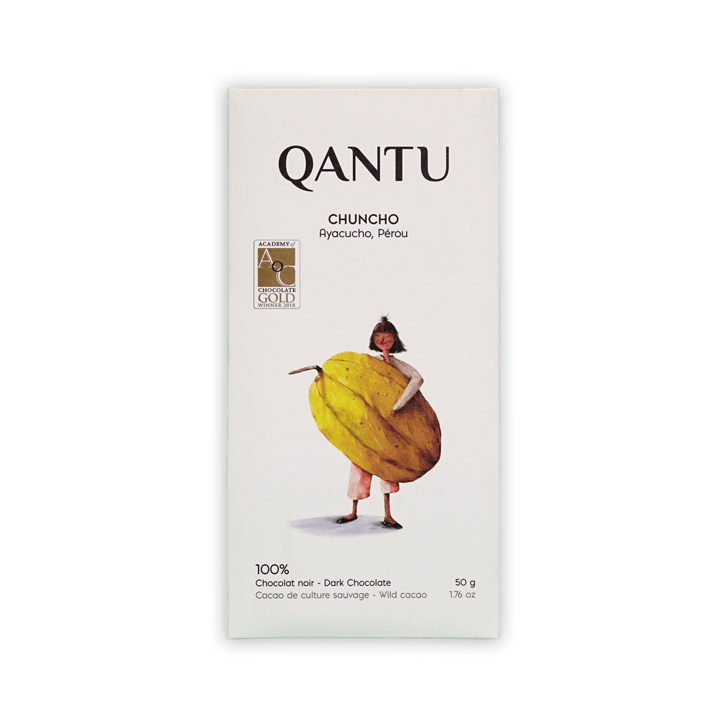 Qantu Chuncho bar, white box with an illustration of a person holding a large yellow cacao pod, reading 100% Dark Chocolate, 50 g.