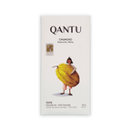 Qantu Chuncho bar, white box with an illustration of a person holding a large yellow cacao pod, reading 100% Dark Chocolate, 50 g.