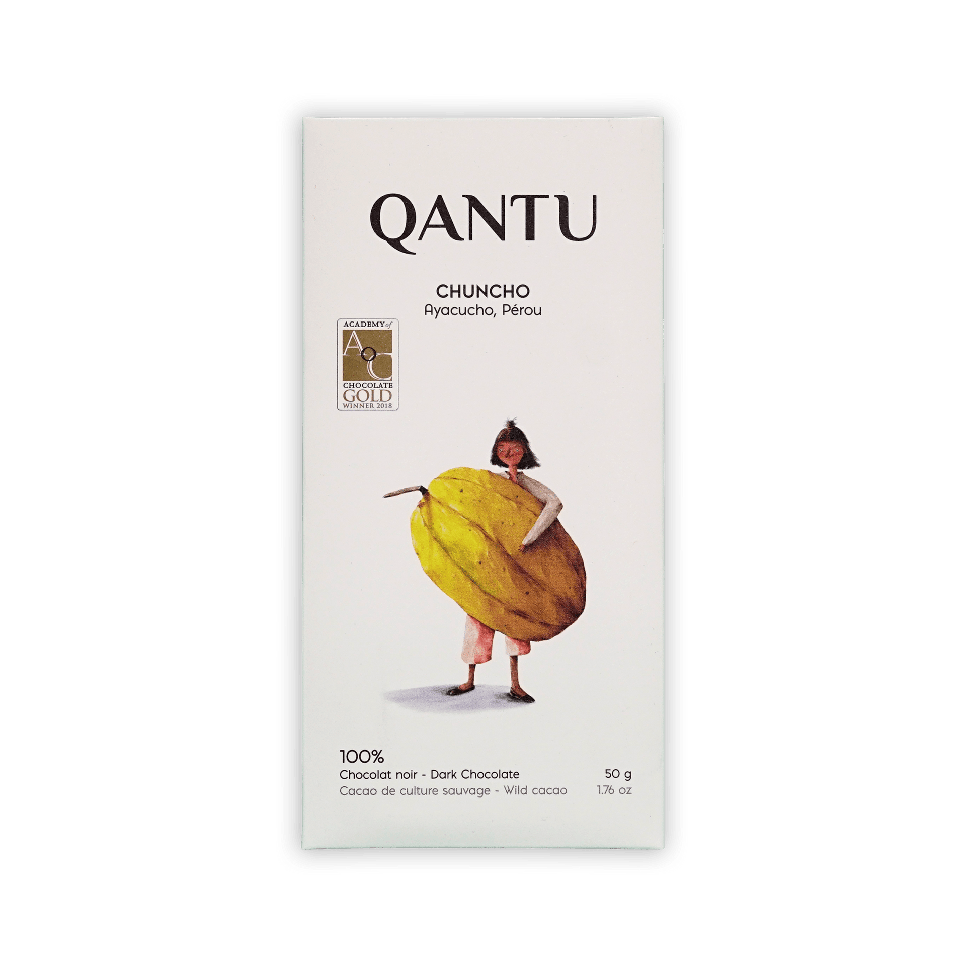 Qantu Chuncho bar, white box with an illustration of a person holding a large yellow cacao pod, reading 100% Dark Chocolate, 50 g.