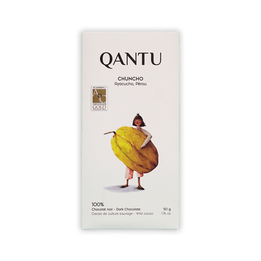 Qantu Chuncho bar, white box with an illustration of a person holding a large yellow cacao pod, reading 100% Dark Chocolate, 50 g.