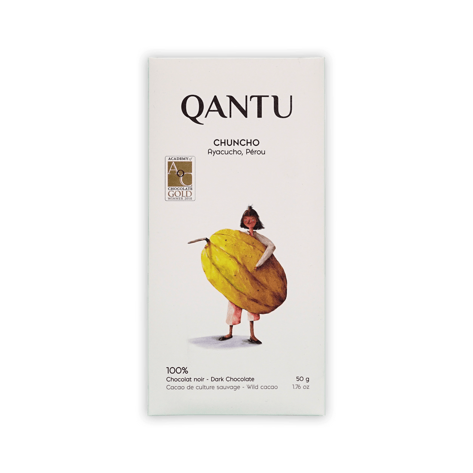 Qantu Chuncho bar, white box with an illustration of a person holding a large yellow cacao pod, reading 100% Dark Chocolate, 50 g.
