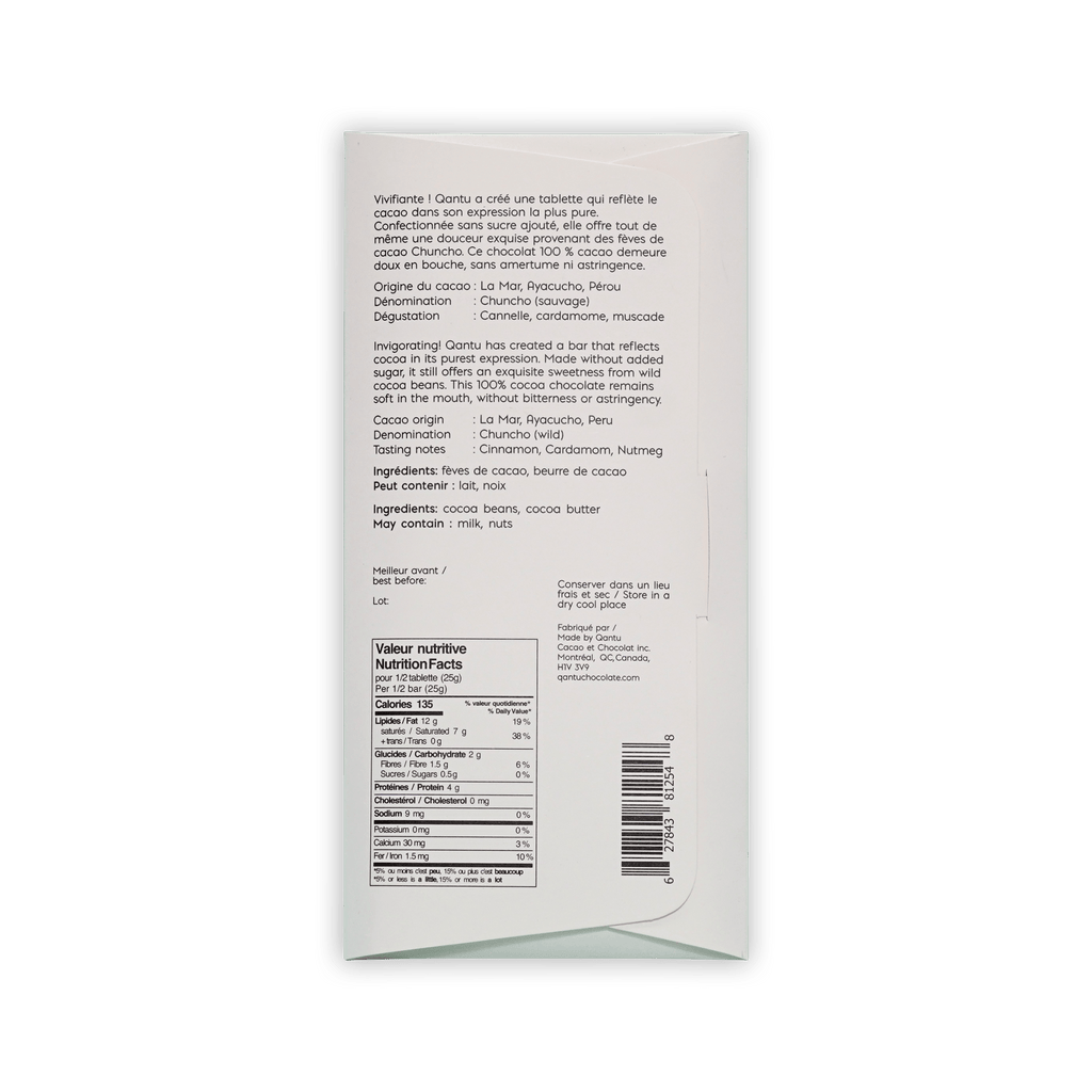 Back of the white Qantu Chuncho box with French and English text, ingredients, nutrition facts, and a barcode.