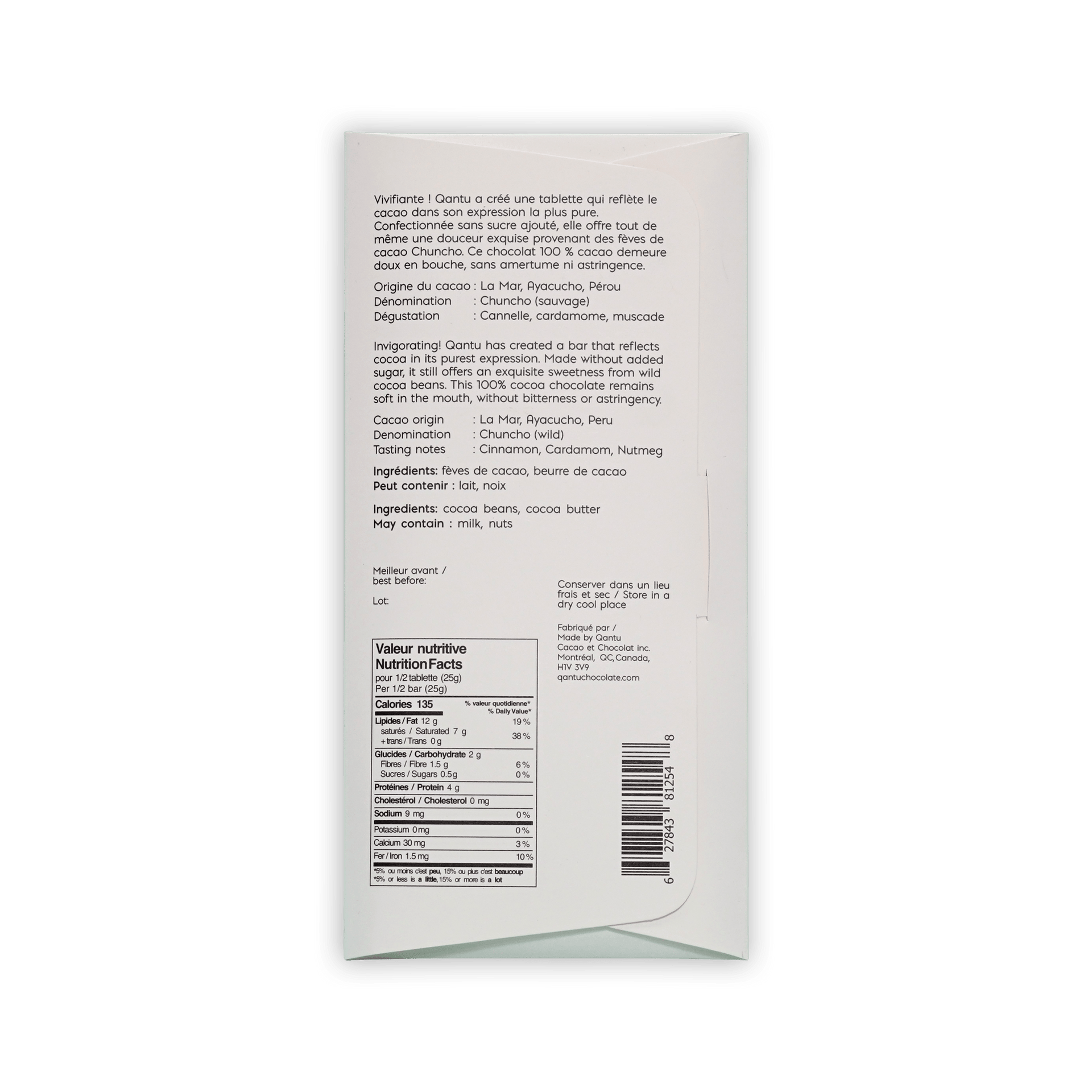 Back of the white Qantu Chuncho box with French and English text, ingredients, nutrition facts, and a barcode.