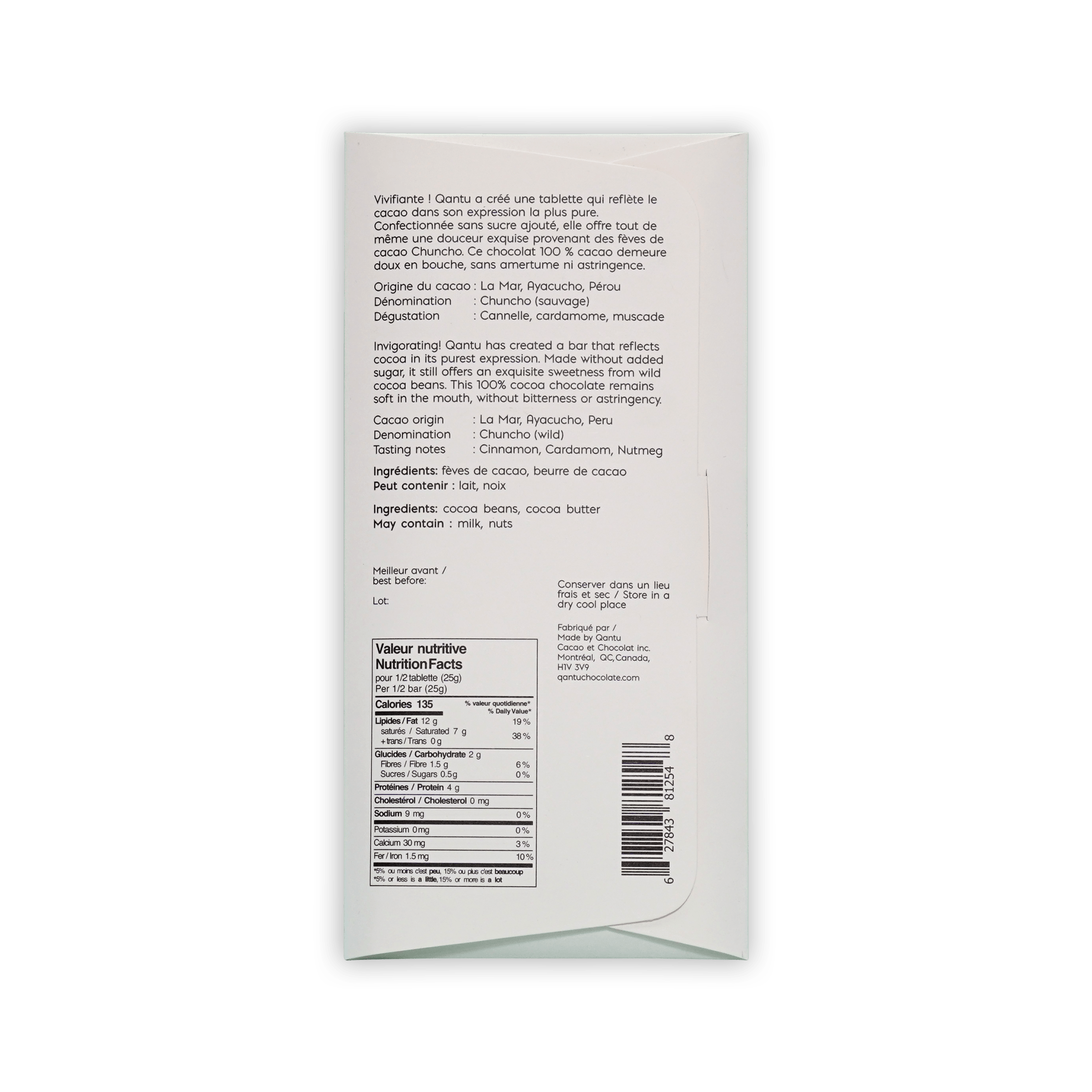 Back of the white Qantu Chuncho box with French and English text, ingredients, nutrition facts, and a barcode.