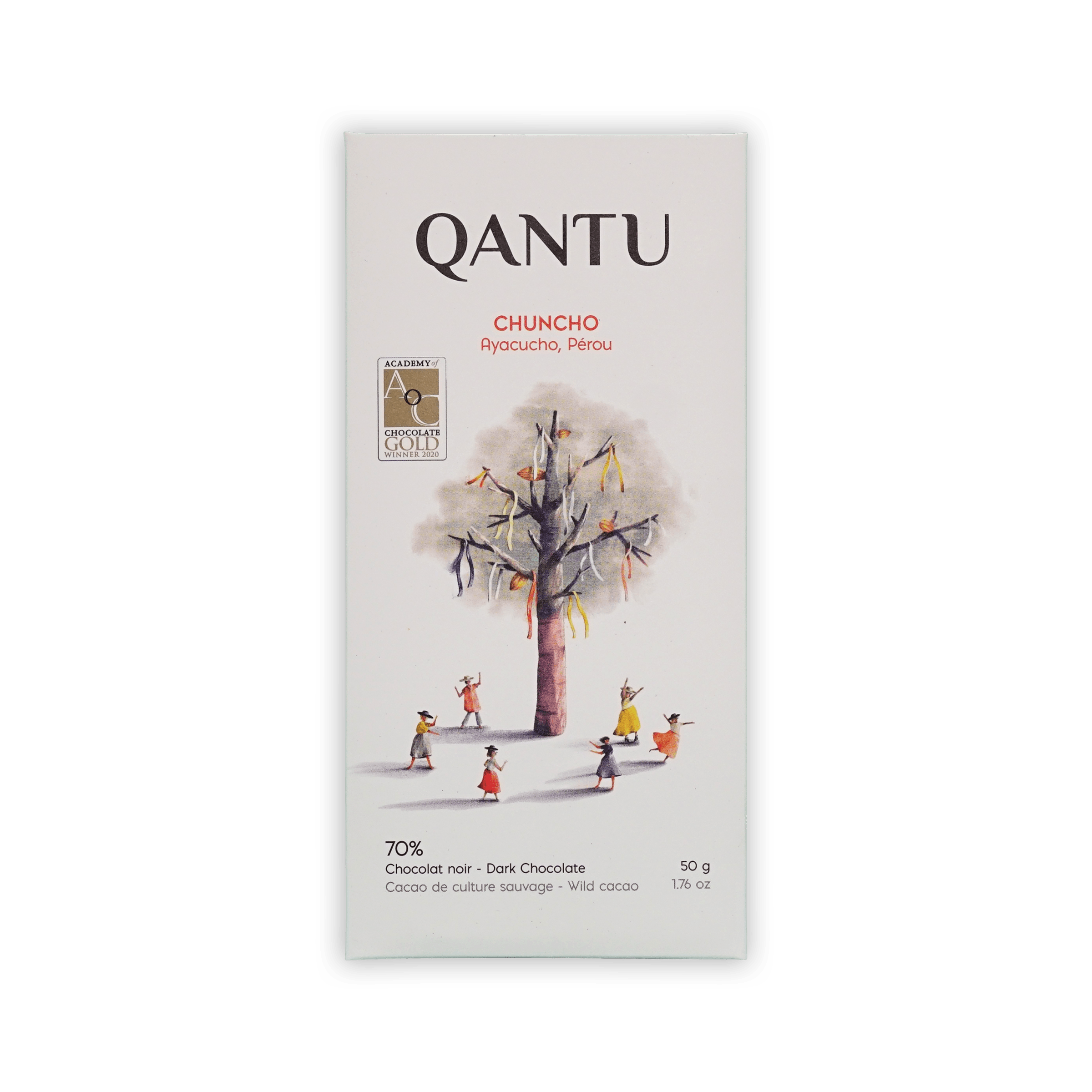 Qantu Chuncho bar, white box with a painted tree and dancers, Ayacucho Perou, 70% dark chocolate, 50g