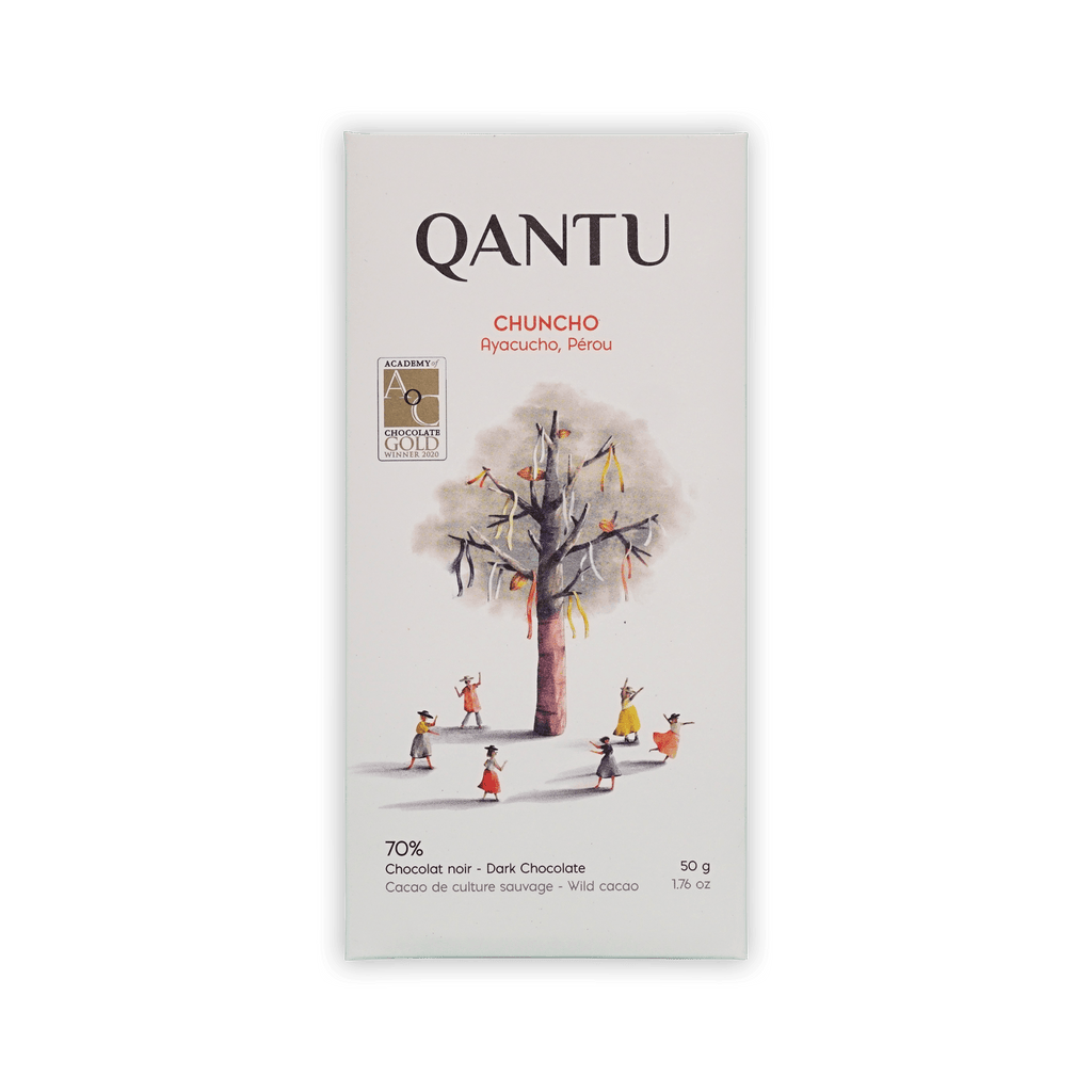 Qantu Chuncho bar, white box with a painted tree and dancers, Ayacucho Perou, 70% dark chocolate, 50g