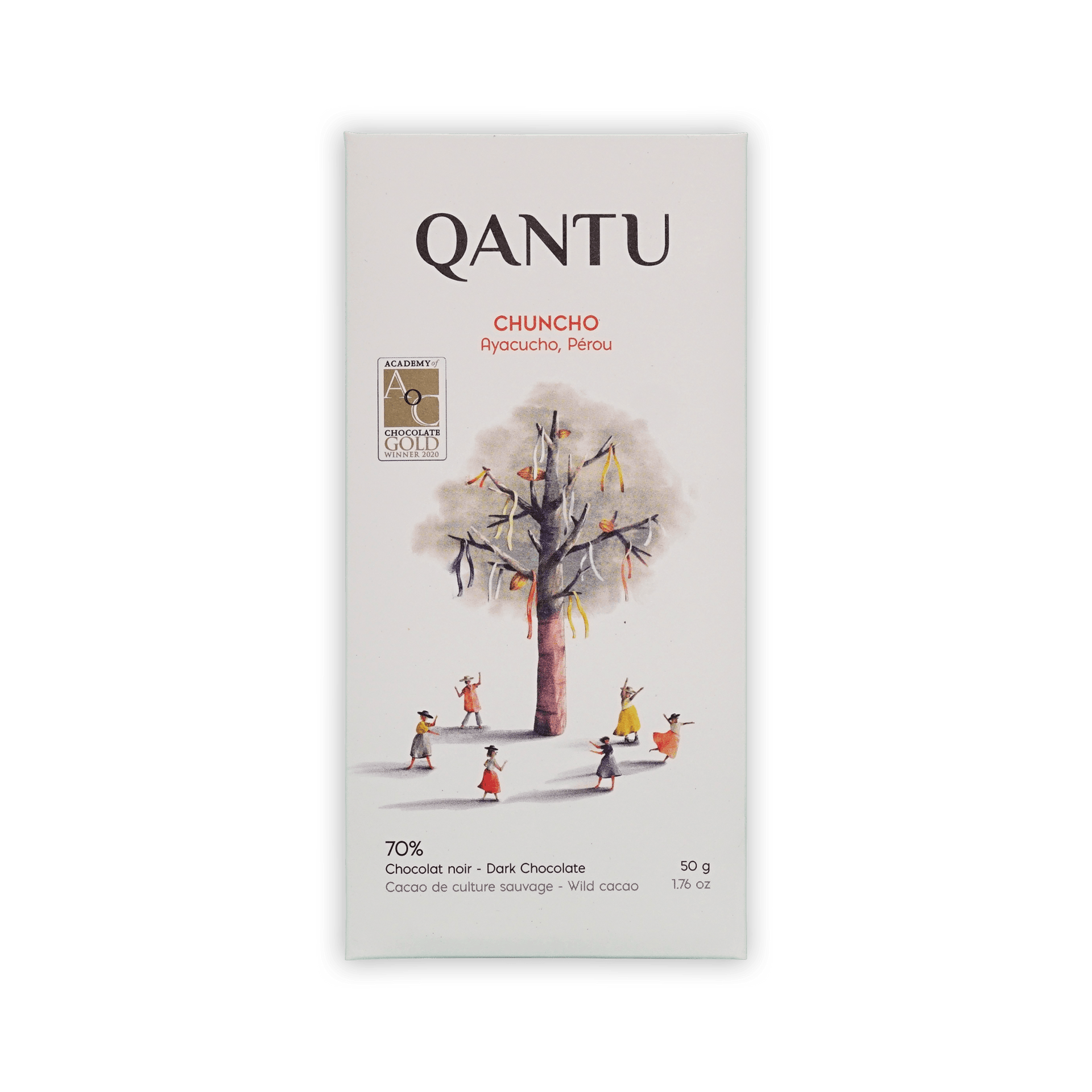 Qantu Chuncho bar, white box with a painted tree and dancers, Ayacucho Perou, 70% dark chocolate, 50g