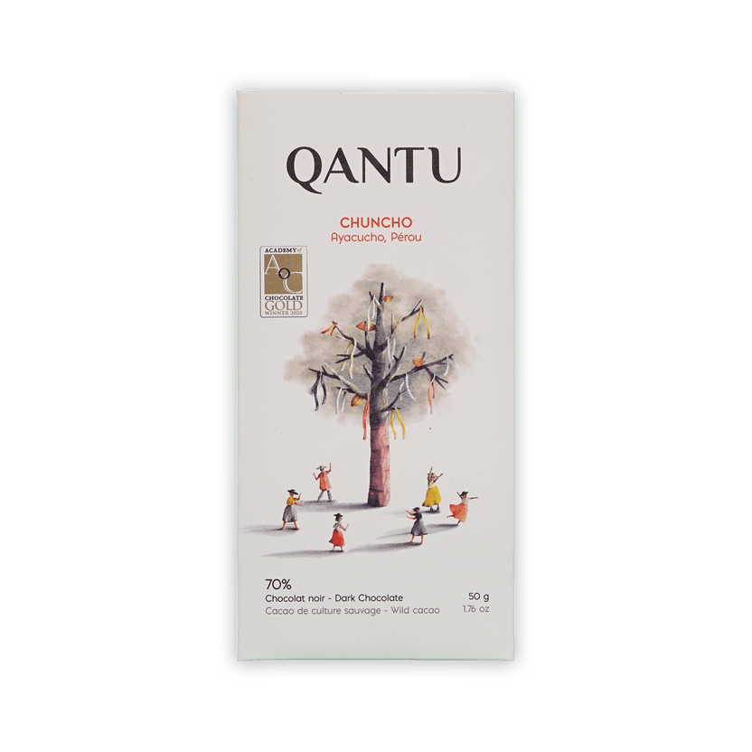 Qantu Chuncho bar, white box with a painted tree and dancers, Ayacucho Perou, 70% dark chocolate, 50g