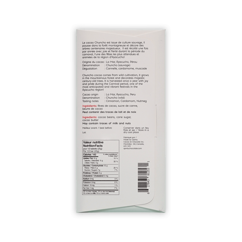 Back of Qantu Chuncho box, French and English origin text, tasting notes cinnamon cardamom nutmeg, nutrition panel