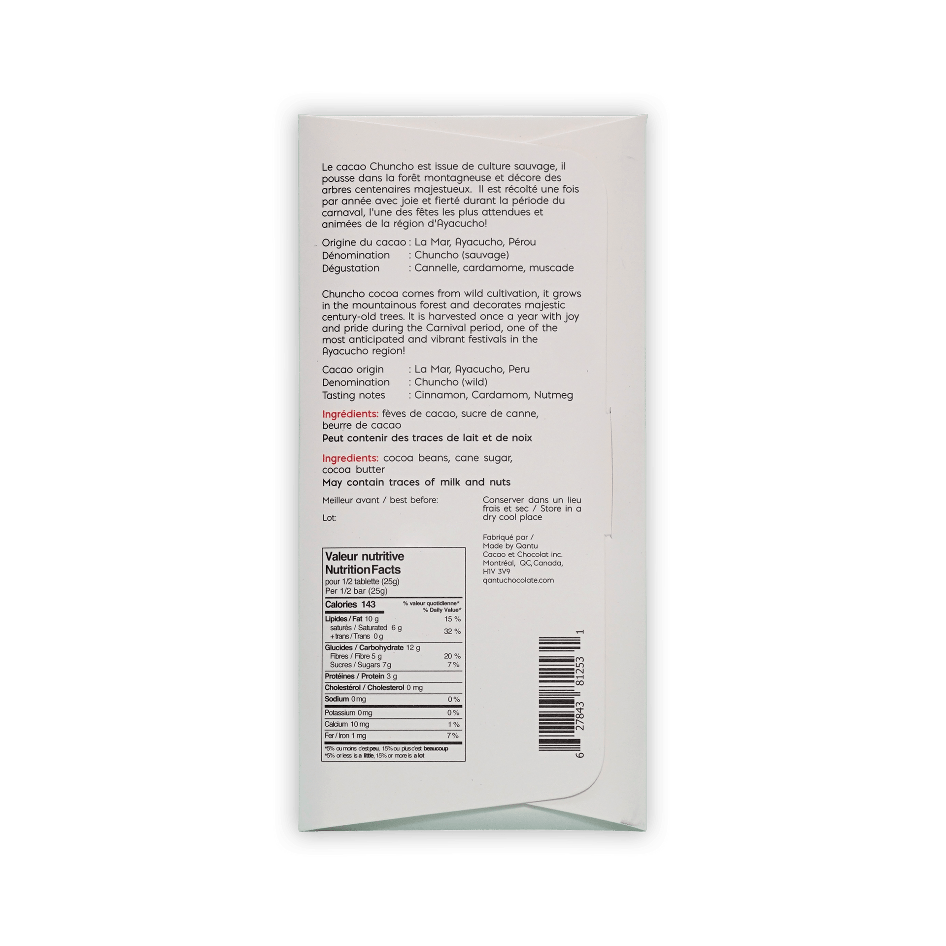 Back of Qantu Chuncho box, French and English origin text, tasting notes cinnamon cardamom nutmeg, nutrition panel