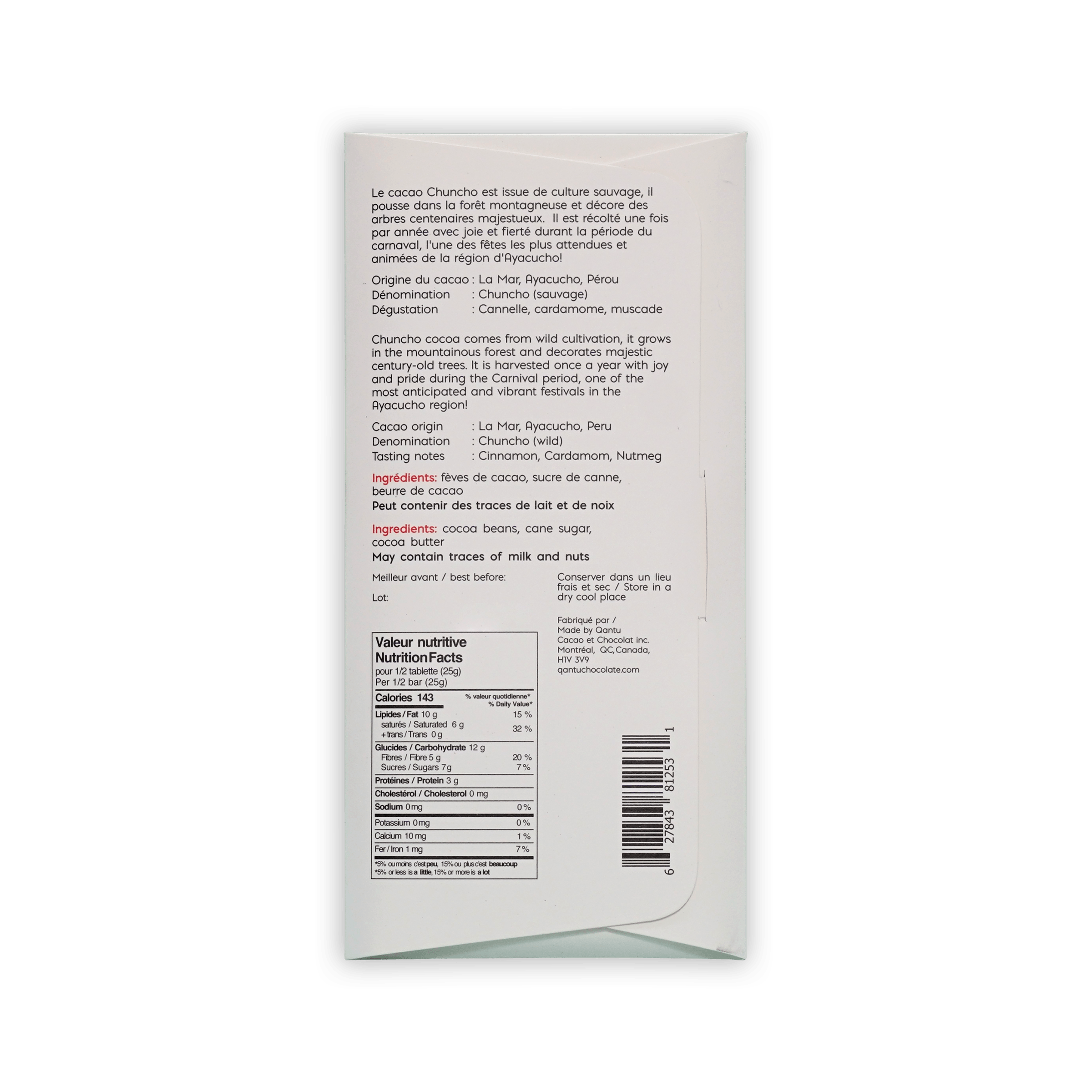 Back of Qantu Chuncho box, French and English origin text, tasting notes cinnamon cardamom nutmeg, nutrition panel