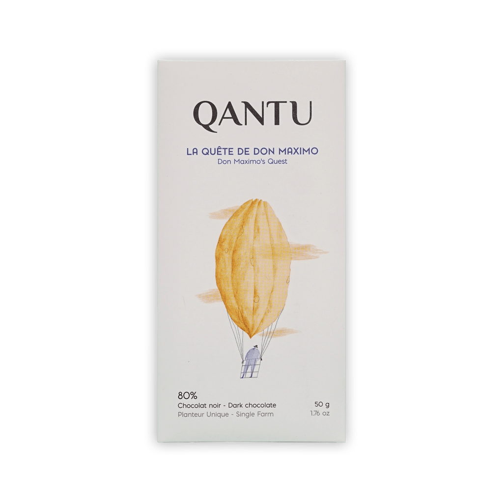Qantu La Quete de Don Maximo 80% dark chocolate bar, cream box with a cacao-pod hot air balloon illustration, 50g.