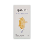 Qantu La Quete de Don Maximo 80% dark chocolate bar, cream box with a cacao-pod hot air balloon illustration, 50g.