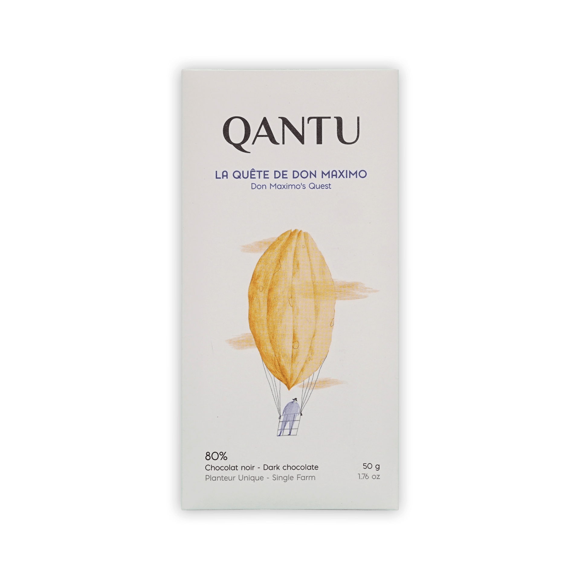 Qantu La Quete de Don Maximo 80% dark chocolate bar, cream box with a cacao-pod hot air balloon illustration, 50g.