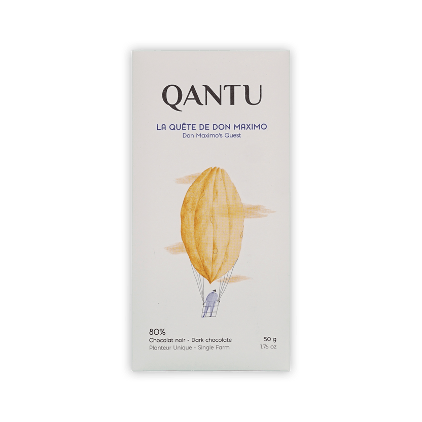 Qantu La Quete de Don Maximo 80% dark chocolate bar, cream box with a cacao-pod hot air balloon illustration, 50g.