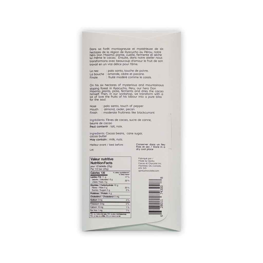 Back of Qantu Don Maximo box with French and English tasting notes, ingredients, and nutrition facts.
