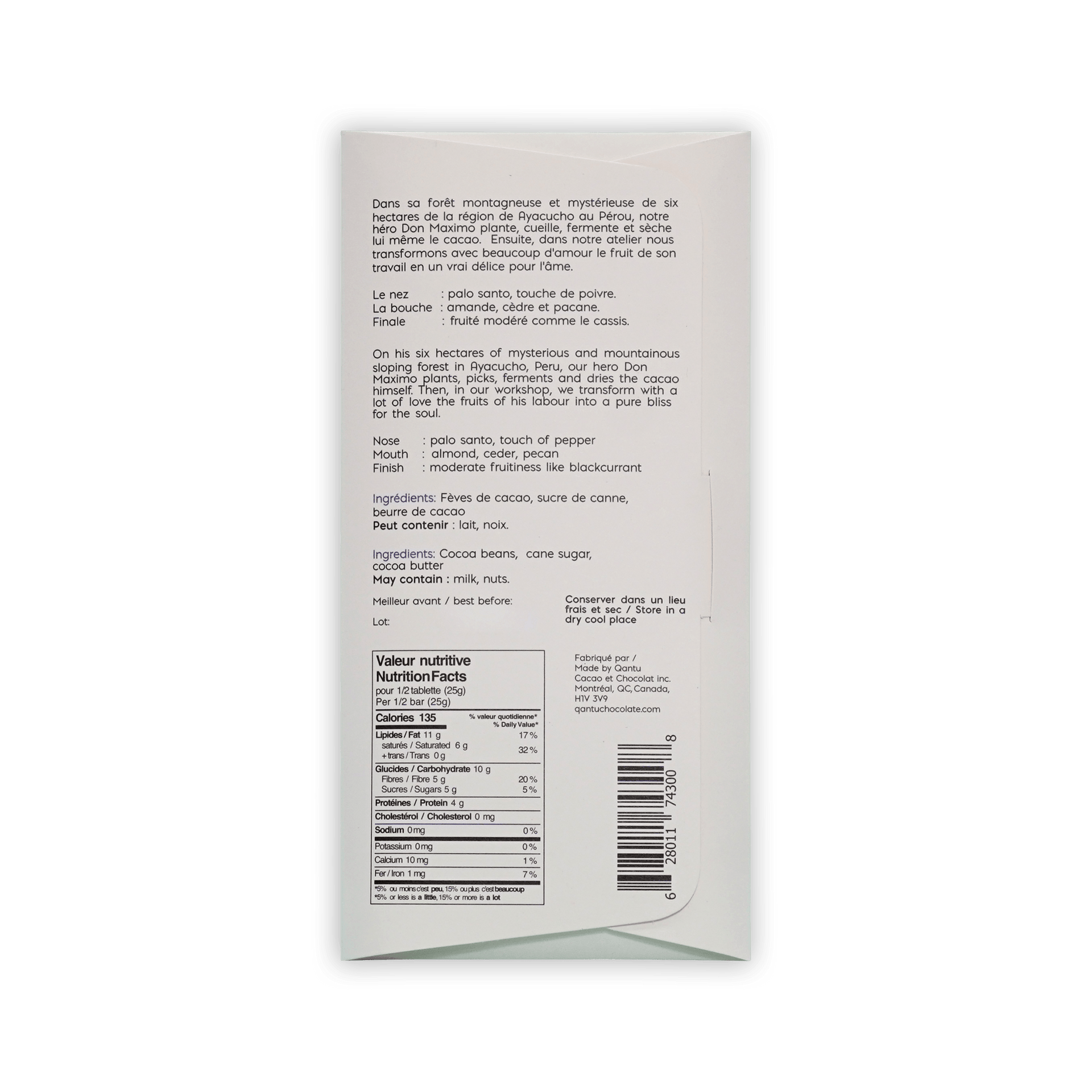 Back of Qantu Don Maximo box with French and English tasting notes, ingredients, and nutrition facts.