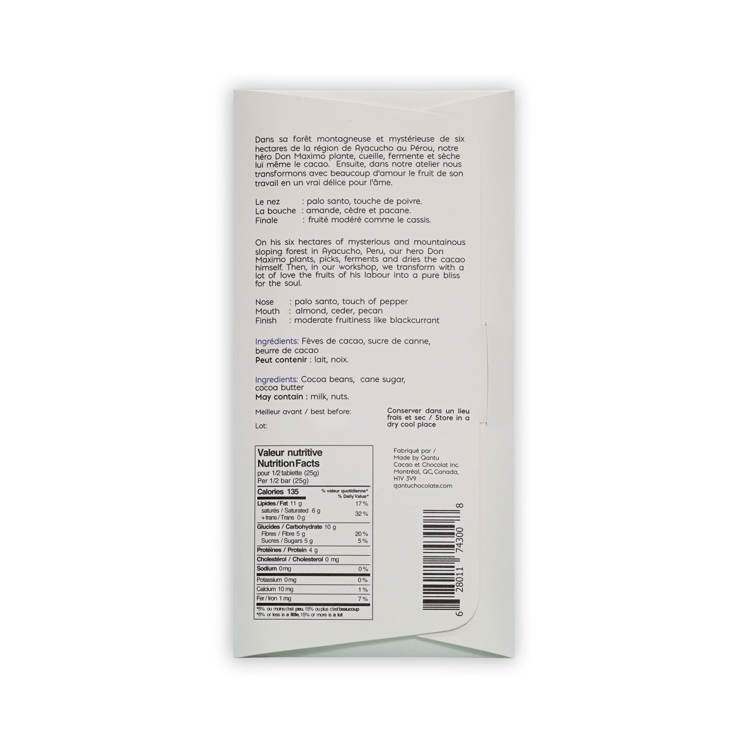 Back of Qantu Don Maximo box with French and English tasting notes, ingredients, and nutrition facts.