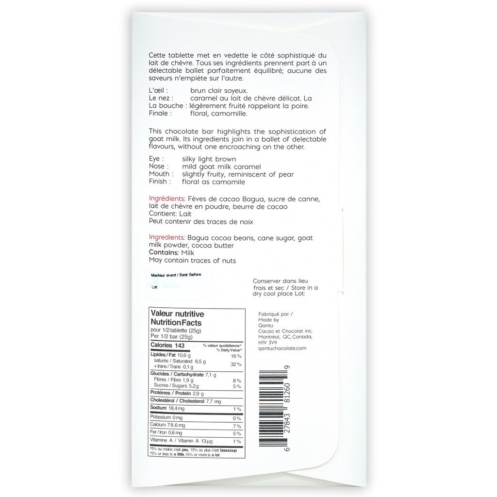 Qantu Chocolate Goat Milk Dreams of Cashmere 55% white wrapper with barcode