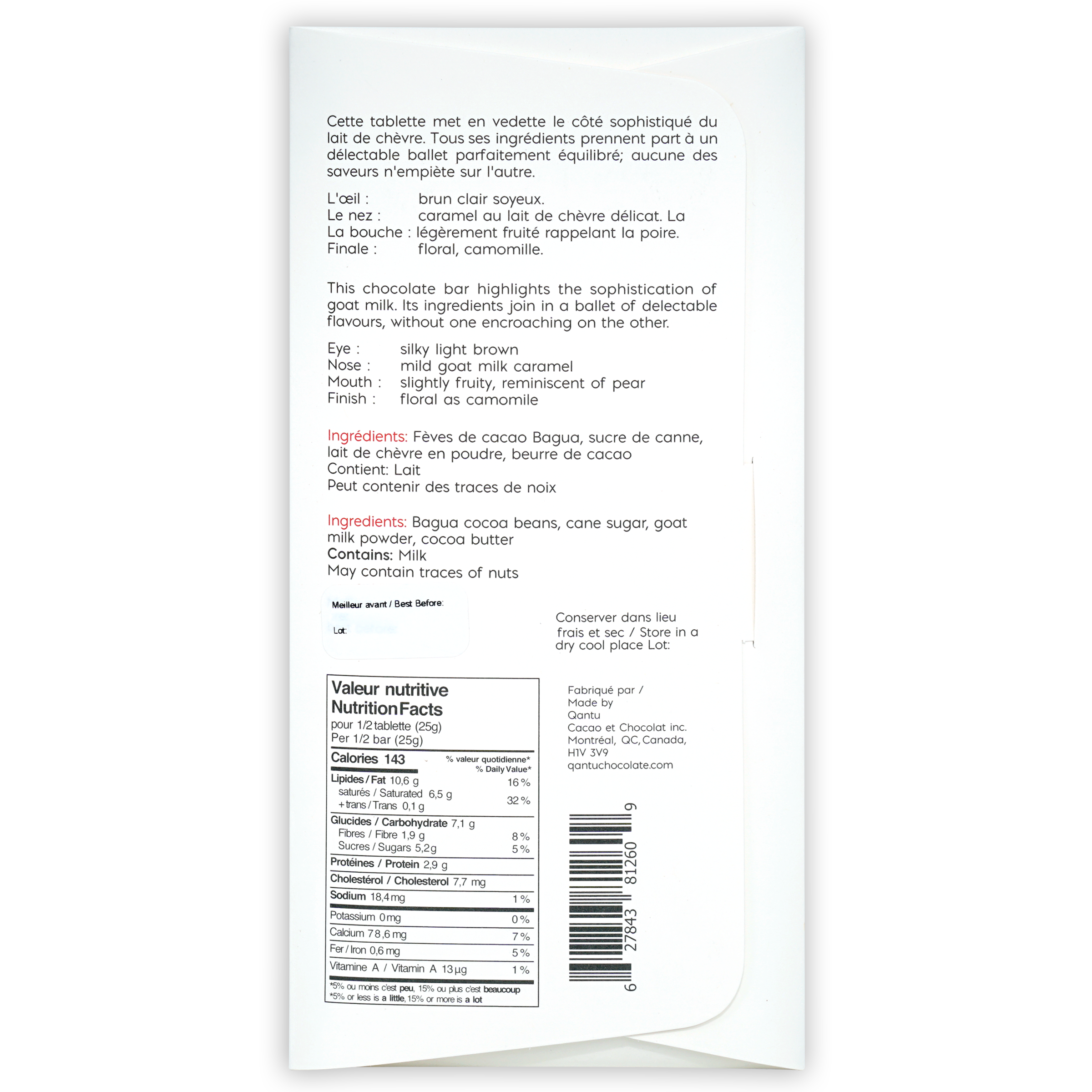 Qantu Chocolate Goat Milk Dreams of Cashmere 55% white wrapper with barcode