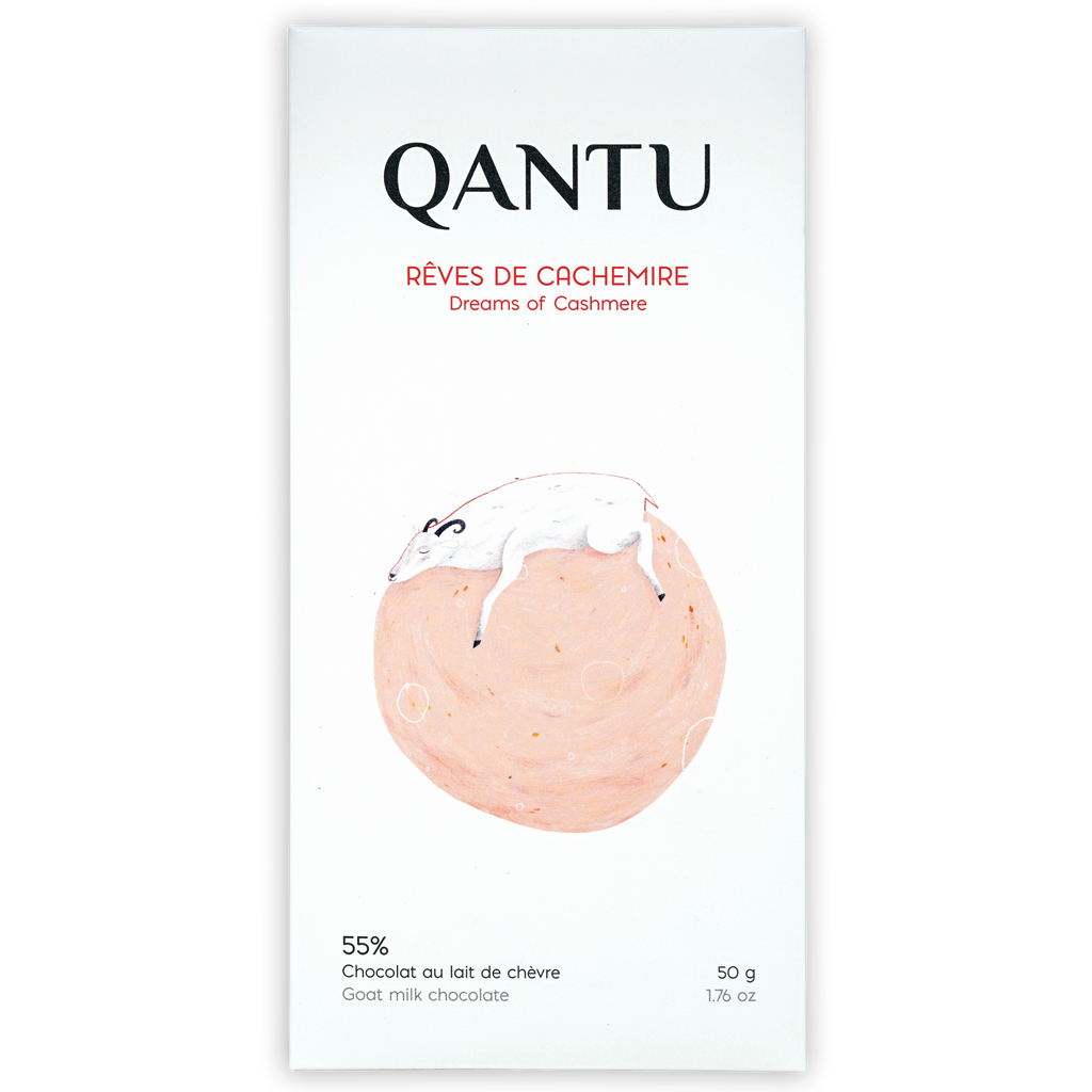 Qantu Dreams of Cashmere 55% goat milk chocolate bar in minimalist white wrapper with illustrated sheep on pink circle