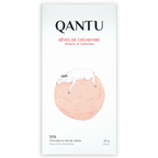 Qantu Dreams of Cashmere 55% goat milk chocolate bar in minimalist white wrapper with illustrated sheep on pink circle