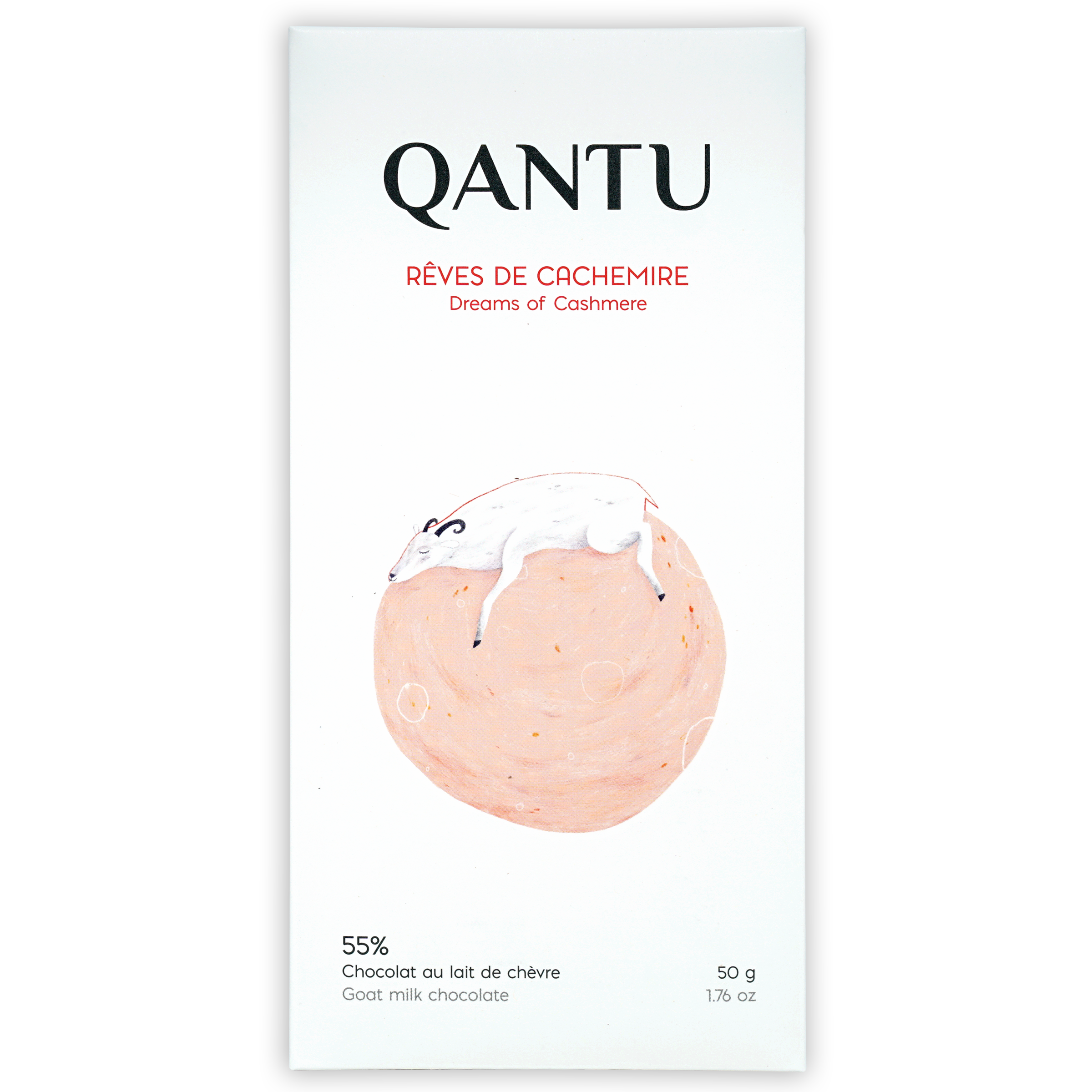 Qantu Dreams of Cashmere 55% goat milk chocolate bar in minimalist white wrapper with illustrated sheep on pink circle