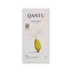 Qantu Gran Blanco 70% dark chocolate bar, cream box with cacao pod and fireworks illustration
