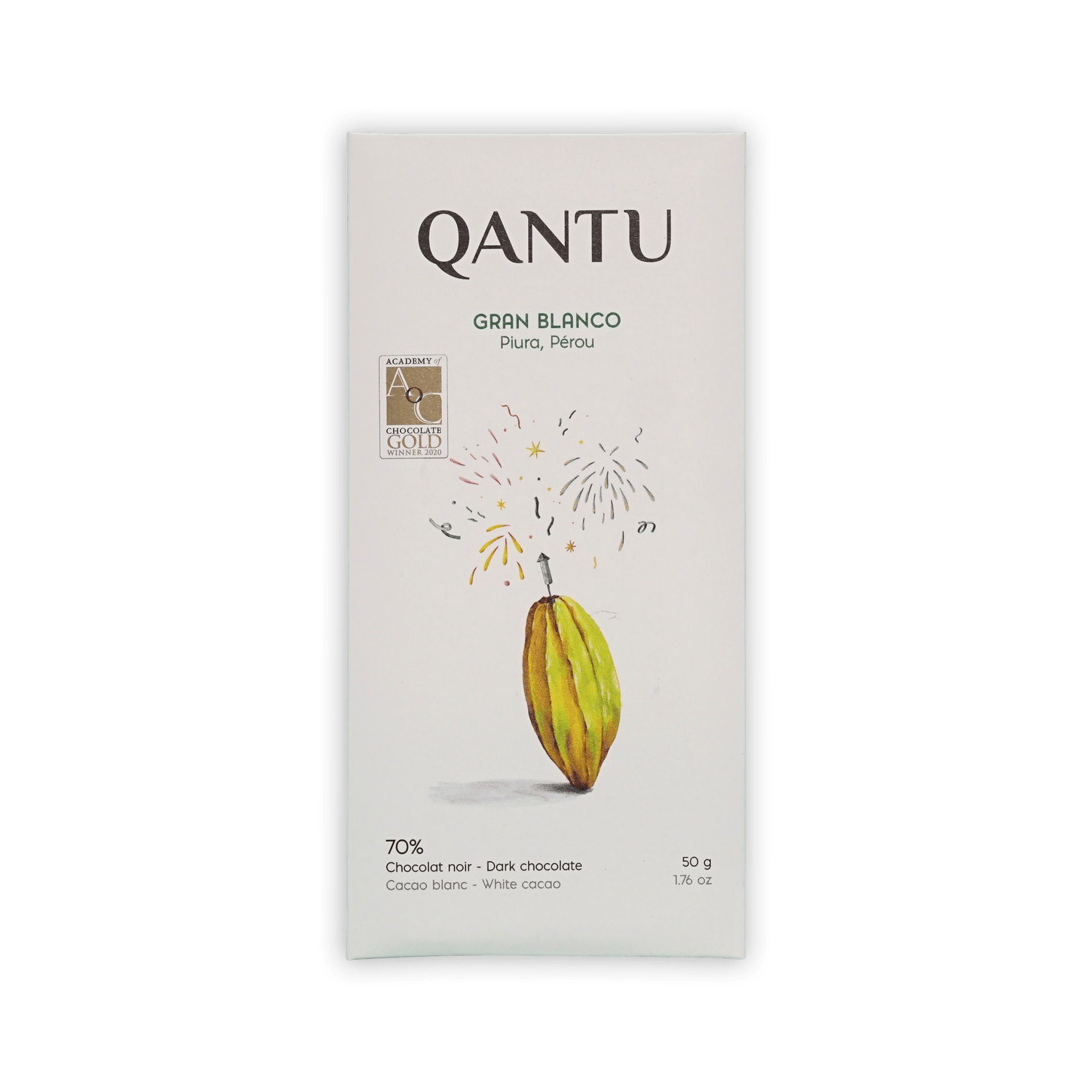 Qantu Gran Blanco 70% dark chocolate bar, cream box with cacao pod and fireworks illustration